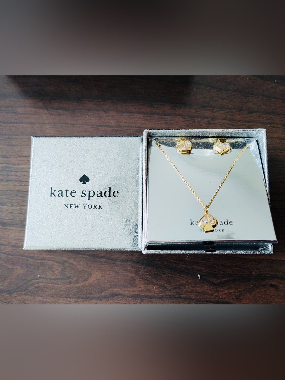 Kate Spade Gold Tone Heart Pendant Necklace with Matching Heart Studs NIB